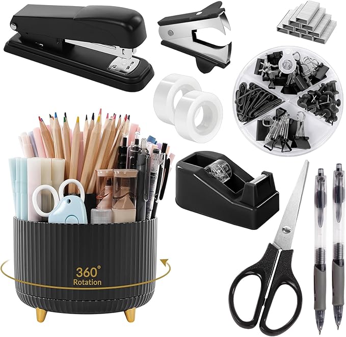 SKYDUE Black Office Supplies, Black Office Desk Accessories 10PCS, Pencil Holder for Desk, Stapler, Tape Dispenser, Scissors, Ruler, Clips and 1000pcs Staples, Desk Supplies Set
