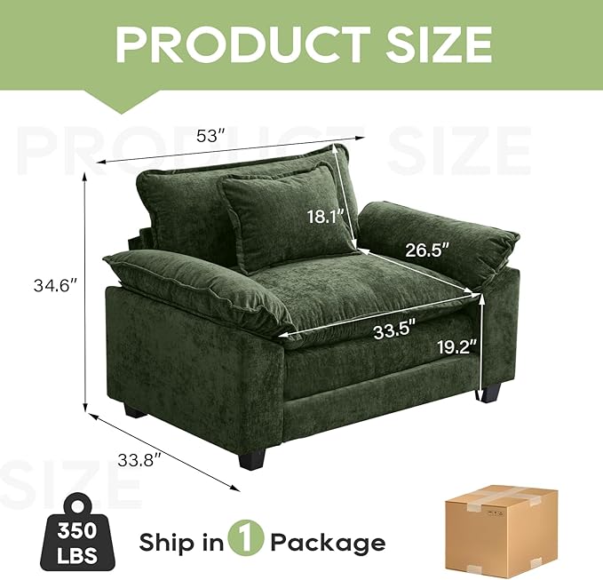 Modular Sectional Sofa, Comfy Cloud Couch Sectional Sofa, Chenille Sofa Sleeper Deep Seat Sofa with Throw Pillows for Living Room (Green, 53"- Single Seat)
