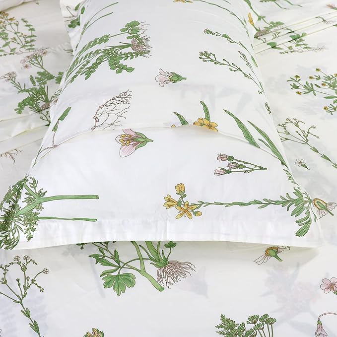 FADFAY King Bed Set Girls Bedding Farmhouse Bedding 100% Cotton Floral Bed Sheets Deep Pocket Flower Fitted Sheet Set Cozy House Sheets for All-Season (4Pcs, White, King Size)