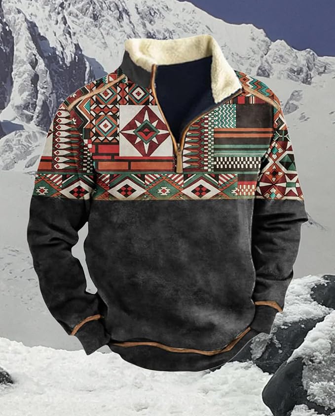Western Sweatshirts for Men Aztec Cowboy Vintage Graphic Fleece Hoodie Mens Quarter Zip Pullover Country Jacket