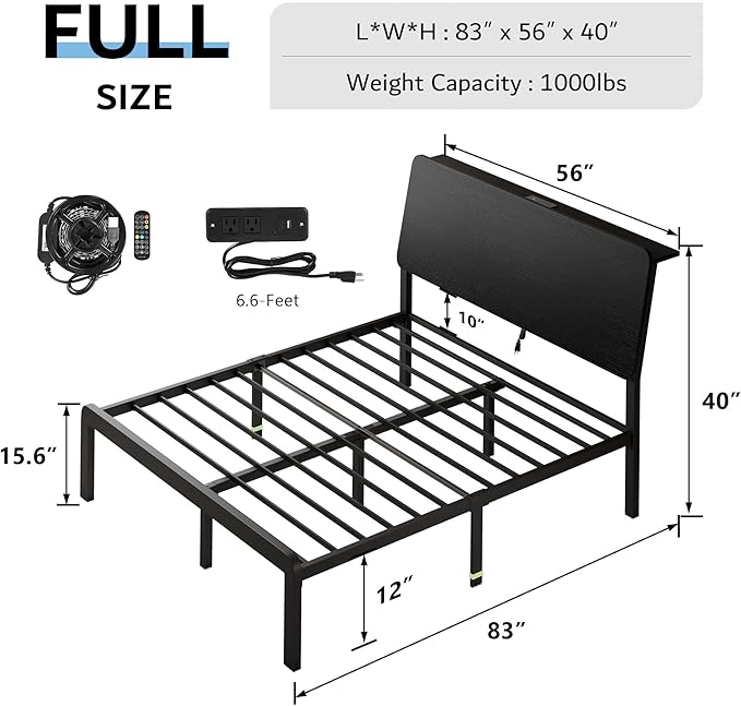 iPormis Full Size Metal Bed Frame with LED Lights & Charging Station, Platform Bed with Ergonomic Storage Headboard, Steel Slats Supports, No Box Spring Needed, Noise-Free, Easy Assembly, Black