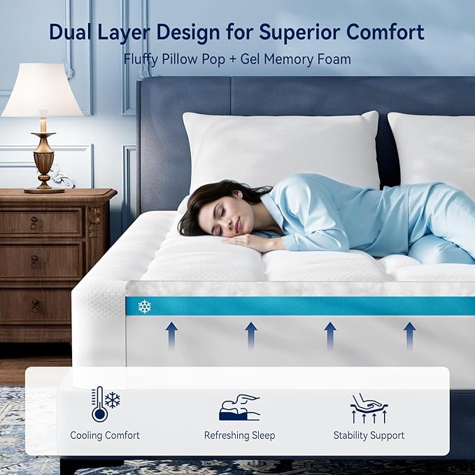 ELEMUSE 3 Inch Cooling Memory Foam Mattress Topper King, 2 Inch Pressure-Relieving Memory Foam and 1 Inch Thick Soft Viscose Made from Bamboo Pillow Top for Hot Sleepers, Removable & Washable Cover