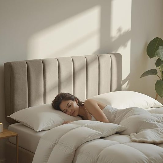 Hearth & Harbor Upholstered Queen Headboard - Easy Assemble Channel Stitched Headboard Queen Size - Wall Mounted Headboards with 3D Soundproof Wall Panels Peel & Stick Floating Headboards, Linen