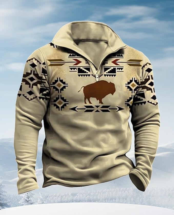 Western Sweatshirts for Men Aztec Cowboy Vintage Graphic Fleece Hoodie Mens Quarter Zip Pullover Country Jacket
