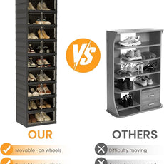 Foldable Shoe Organizer Storage Box Set of 2, Portable Extra Large Folding Shoe Rack for Closet, Shoe Storage Box with Magnetic Transparent Door and Wheels, 9 Layers 18 Grids