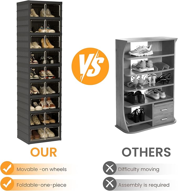 Foldable Shoe Organizer Storage Box Set of 2, Portable Extra Large Folding Shoe Rack for Closet, Shoe Storage Box with Magnetic Transparent Door and Wheels, 9 Layers 18 Grids