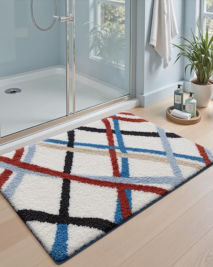 DEXI Striped Bath Mats for Bathroom 24x16, Washable Absorbent Bathroom Rugs with Non Slip Backing, Extra Soft Plush Microfiber Shower Rugs for Tub, Floor, Sink, Colorful