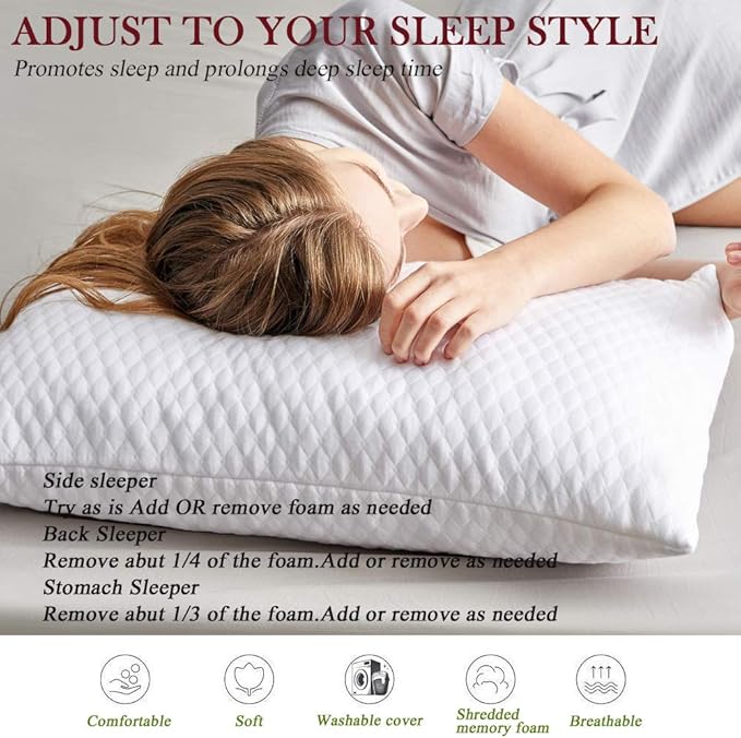 NTCOCO Shredded Memory Foam Bed Pillows for Sleeping Standard Size Set of 2, with Washable Removable Hypoallergenic Sleep Pillow for Back and Side Sleeper