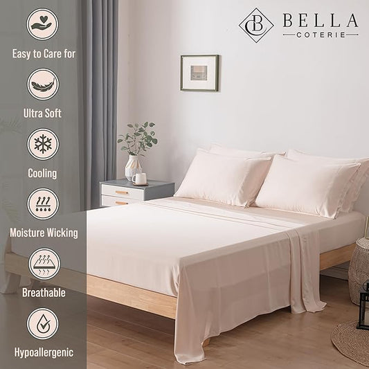 Bella Coterie 6 Piece Luxury Bamboo Viscose Queen Size Sheet Set | 100% Organically Grown | Cooling for Hot Sleepers | 18" Deep Pocket | Soft & Hypoallergenic | 4 Pillowcases [Champagne]