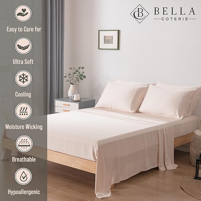 Bella Coterie 6 Piece Luxury Bamboo Viscose Split Top King Size Sheet Set | 34" Split for Adjustable Beds | 100% Organically Grown| Cooling | 18” Deep Pocket | 4 Pillowcases [Champagne]