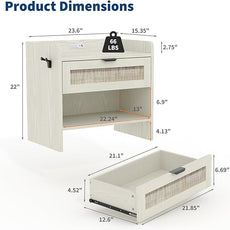 Rattan Nightstand, Bedside Table with Type-C Charging Station - 1 Storage Drawer & Open Storage Space, Boho End Table Side Table for Bedroom Office, Large Night Stand with Charging Port