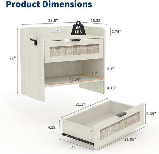 Rattan Nightstand, Bedside Table with Type-C Charging Station - 1 Storage Drawer & Open Storage Space, Boho End Table Side Table for Bedroom Office, Large Night Stand with Charging Port
