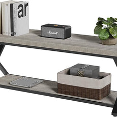 IBF Industrial Wood Entryway Bench, Indoor Farmhouse Hallway Accent Entry Bench for Seating Sitting with Storage, Metal Shoe Rack Grey Bench Organizer in Foyer Bedroom, Light Grey Oak, 47 Inch Long