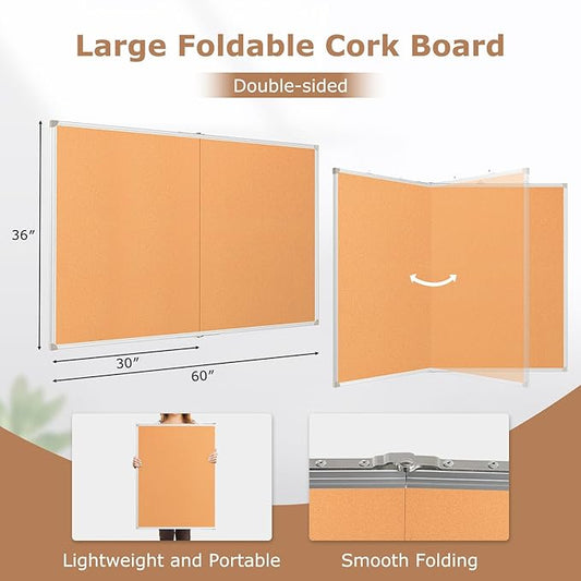 DOLLAR BOSS Foldable Cork Board, 60 x 36 Inch Corkboard, Extra Large Bulletin Board, Portable Double sided Aluminum Frame Wall Mounted Pin Board for Office School Supplies Dorm Decor with 20 Push Pins