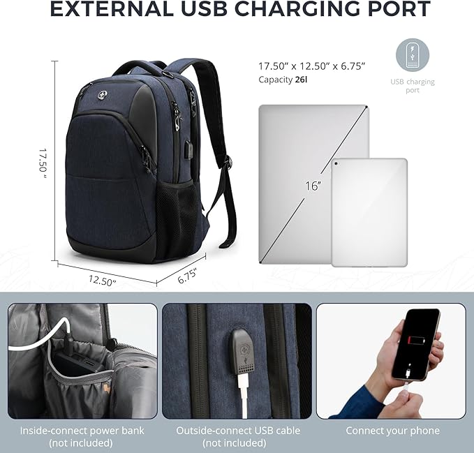 Swissdigital Design Travel Laptop Backpack for Men and Women, Business Backpack with USB Charging Port for Fits 16 Inch Notebook, Blue | SD1670-12