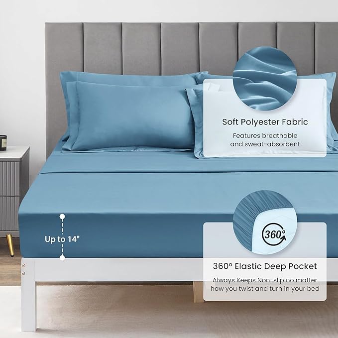 Love's cabin King Size Comforter Set Misty Blue, 7 Pieces King Bed in a Bag, All Season Bedding Sets with 1 Comforter, 1 Flat Sheet, 1 Fitted Sheet, 2 Pillowcase and 2 Pillow Sham