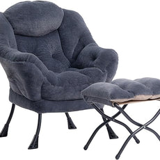 HollyHOME Lazy Chair with Foldable Ottoman, Accent Comfy Lounge Armchair and Folding Footrest Stool, Leisure Sofa Reading Chair and Footstool for Living Room, Bedroom, Dorm,Faux Fur Navy Blue