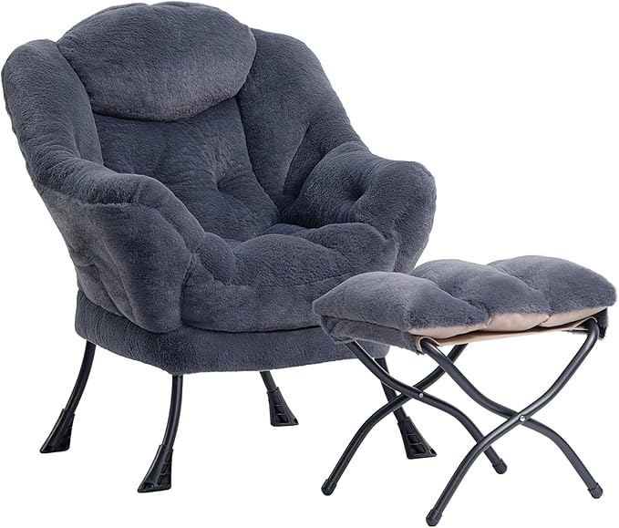 HollyHOME Lazy Chair with Foldable Ottoman, Accent Comfy Lounge Armchair and Folding Footrest Stool, Leisure Sofa Reading Chair and Footstool for Living Room, Bedroom, Dorm,Faux Fur Navy Blue