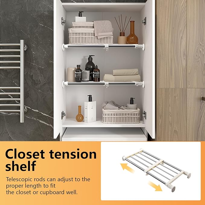 BAOYOUNI Closet Tension Shelf Rod Heavy Duty Wardrobe Organizer Adjustable Storage Shelves Rack DIY Closet Dividers Separators for Kitchen Bathroom Bedroom Garage, 19.69-31.5 Inches