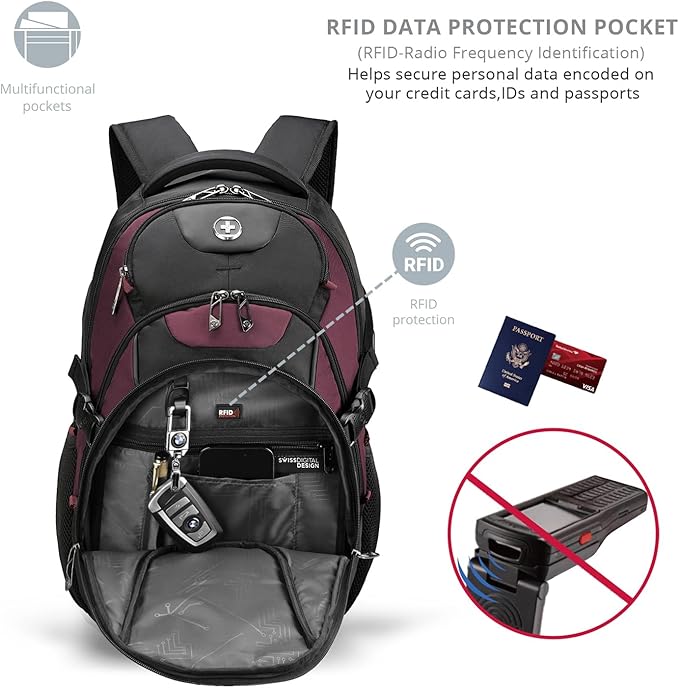Swissdigital Design Laptop Backpack with USB Charging Port, Travel Backpack Fits 15.6 inches Computer, 31L College School Backpack for Women, Burgundy/Black | SD803-44