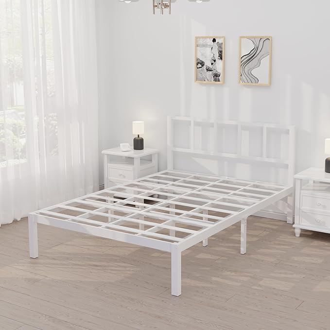 14 Inch Bamboo Bed Frame – Solid Wood Platform Bed Frame, Strong and Stable, with Non-Slip Slats for Support, No Box Spring Needed, Easy to Assemble, Noise-Free (White, Full with Headboard)