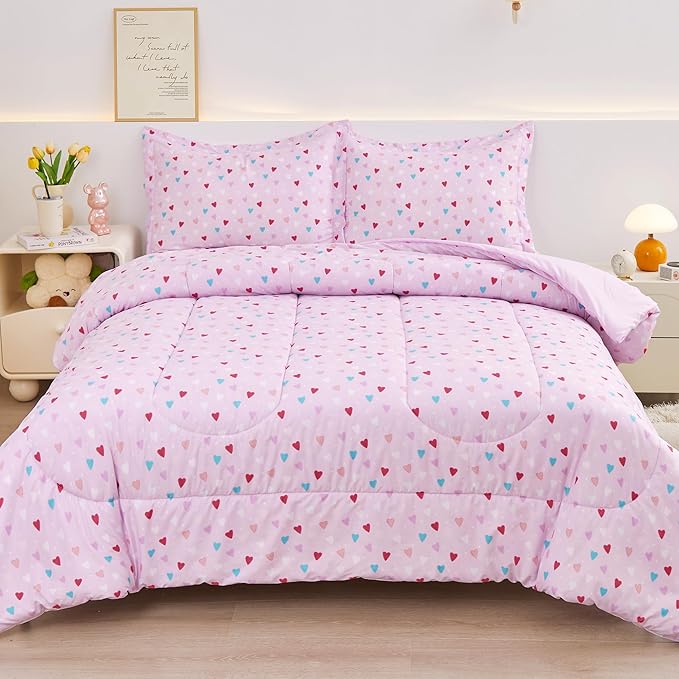Viviland Kids Twin Bedding Sets for Girls, Soft Microfiber Twin Comforter Set, Purple Heart
