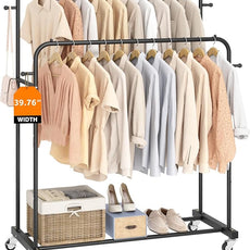 Laiensia Double Rods Garment Rack with Wheels, Clothing Rack for Hanging Clothes,4 Hooks, Multi-functional Bedroom Clothes Rack, Black