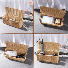 Cable Management Box, Handmade Rattan Cable Organizer, 2 Open Slots Cords Hider Box, Under Desk Cord Organizer for Computer Router USB Hub & Power Strip, Patent Pending, 13