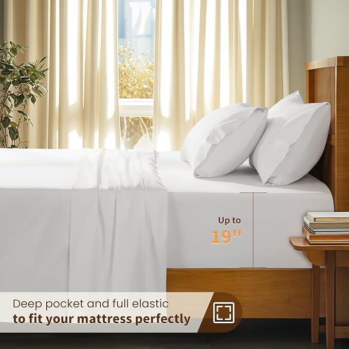 LBRO2M 100% Cotton Sheets Set Deep Pocket 19", 1000 Thread Count Queen Size 4 Piece Bed Sheet Sets Soft Comfortable Bedding All Season (Queen, White)