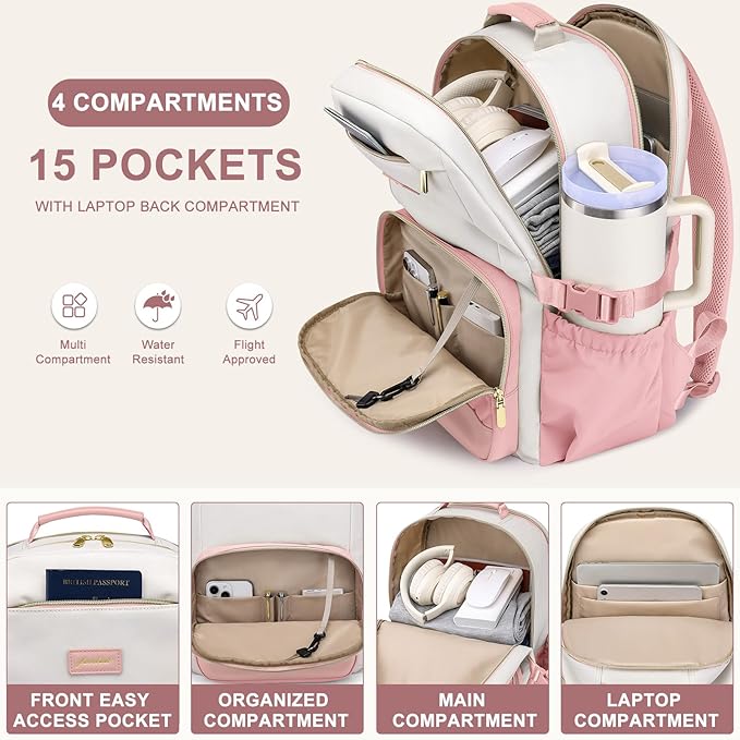 Laptop Backpack for Women Bookbag: 15.6 inch Work School Backpacks with Pouch Pocket for Large Capacity Cup & USB Charger College Book Bag Travel Business Nurse Teacher Bookbags Anti-theft Back Pack