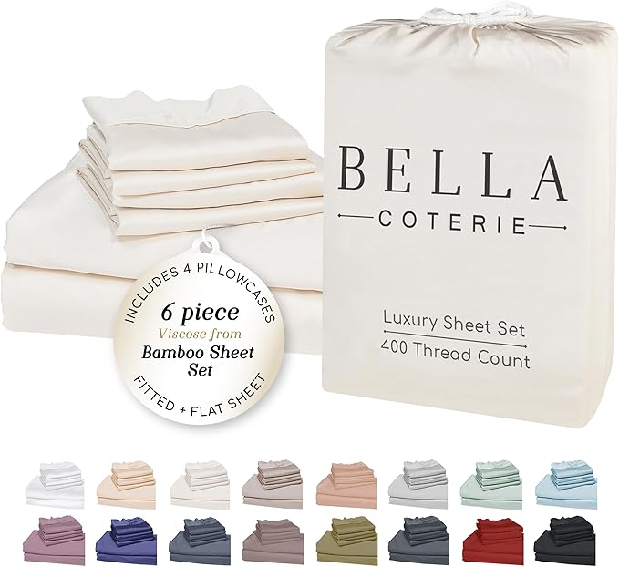 Bella Coterie 6 Piece Luxury Bamboo Viscose Queen Size Sheet Set | 100% Organically Grown | Cooling for Hot Sleepers | 18" Deep Pocket | Soft & Hypoallergenic | 4 Pillowcases [Ivory] BC