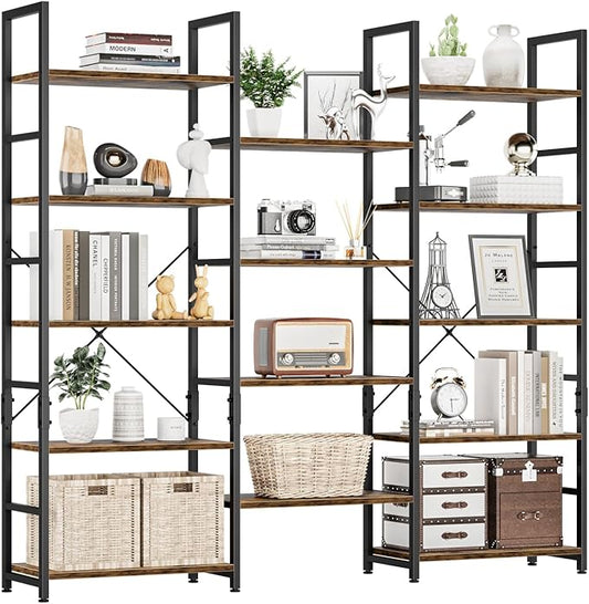 NUMENN Triple Wide 5 Tier Bookshelf, Rustic Industrial Style Bookcases with 14 Open Display Shelves, Modern Tall Bookcase Furniture for Bedroom, Living Room and Home Office, Vintage