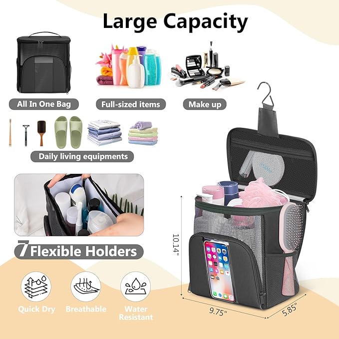 Mesh Shower Caddy Portable Beach Bag College Dorm Room Essentials Tote Bag for Bathroom,Gym,Travel,Camping Quick Dry Hanging Shower Organizer Bags for Women Men College Student