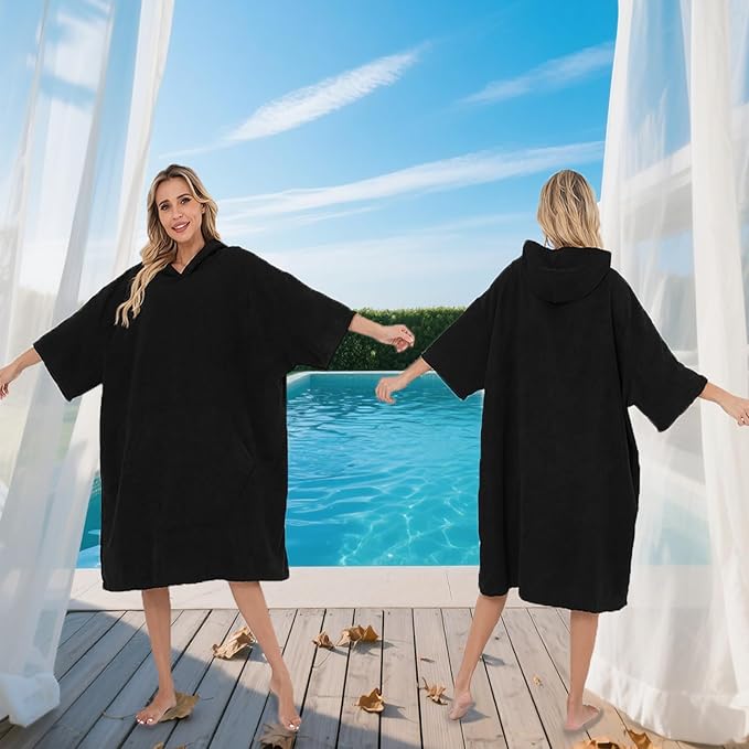 Surf Poncho Hooded Beach Towel, Quick Dry Terry Cloth, Extra Large Changing Robe with Pockets for Adults, Unisex Black Cover-Up for Swim, Bath, Beach, Gift for Swimmer Lovers