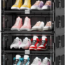 JEKO&JEKO 8 Tiers 16 Pairs Portable Shoe Organizer Storage Boxes with Magnetic Door, Folding X-Large Shoe Rack Free-Standing for Closet Entryway, Sneaker Storage Cabinet Fits US Size 12 (Black)