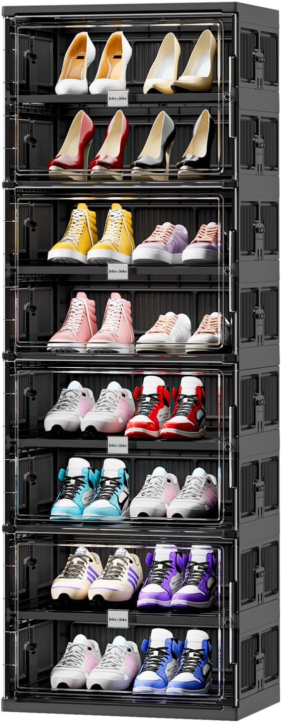 JEKO&JEKO 8 Tiers 16 Pairs Portable Shoe Organizer Storage Boxes with Magnetic Door, Folding X-Large Shoe Rack Free-Standing for Closet Entryway, Sneaker Storage Cabinet Fits US Size 12 (Black)