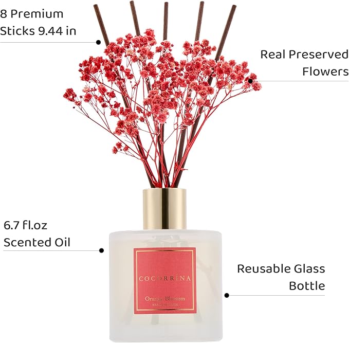 COCORRÍNA Reed Diffuser - Orange Blossom 6.76 Fl.oz Reed Diffuser Sets with Preserved Flowers, Diffuser with 8 Sticks for Bathroom Shelf Decor