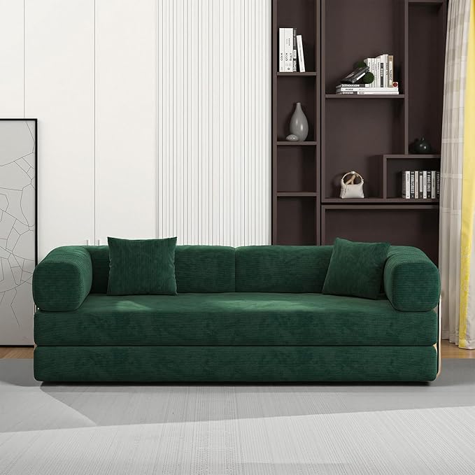 Antetek Convertible Futon Sofa Bed, 3-Seater Modern Corduroy Foam Floor King Size Bed Fold Out Sleeper Lounge Loveseat Sofa Couch with 2 Throw Pillows for Living Room Bedroom Guest Room, Turquoise