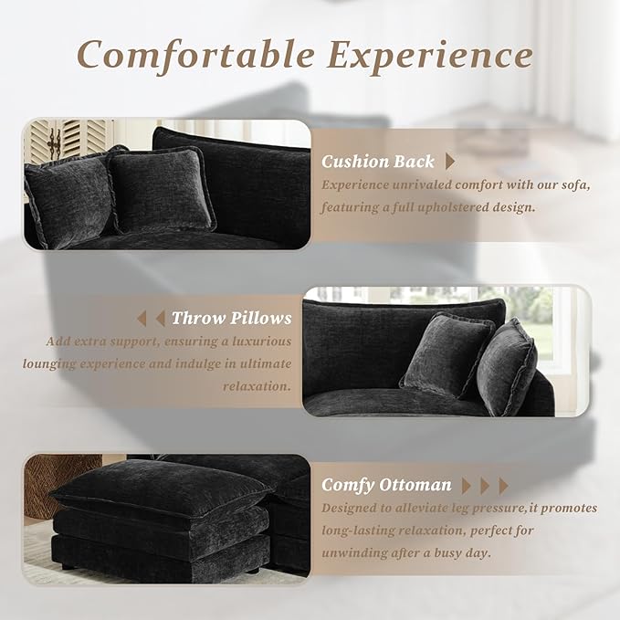SoarFlash Chenille Sectional Sofa, Comfy Modular Coush Sofa with Ottoman, Modern 3 Seat Recliner Deep Seat Sofa Set for Living Room,Black