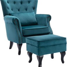 Mid Century Accent Chair with Ottoman Modern Button Tufted Armchair Wingback Club Chair Velvet Single Sofa Lounge Chair with Pillow for Living Room Bedroom, Teal Blue