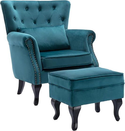 Mid Century Accent Chair with Ottoman Modern Button Tufted Armchair Wingback Club Chair Velvet Single Sofa Lounge Chair with Pillow for Living Room Bedroom, Teal Blue