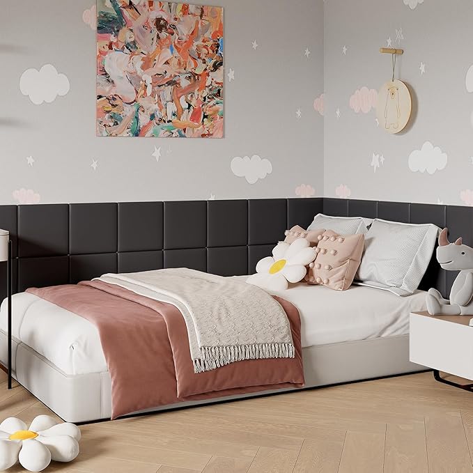Yutianli 3D Anti-Collision Wall Padding for Kids Peel and Stick Headboard Wall Panels Pack of 4 Sized 11.8"x 11.8" Black Self-Adhesive Panels for Playroom Bedroom Upholstered Wall