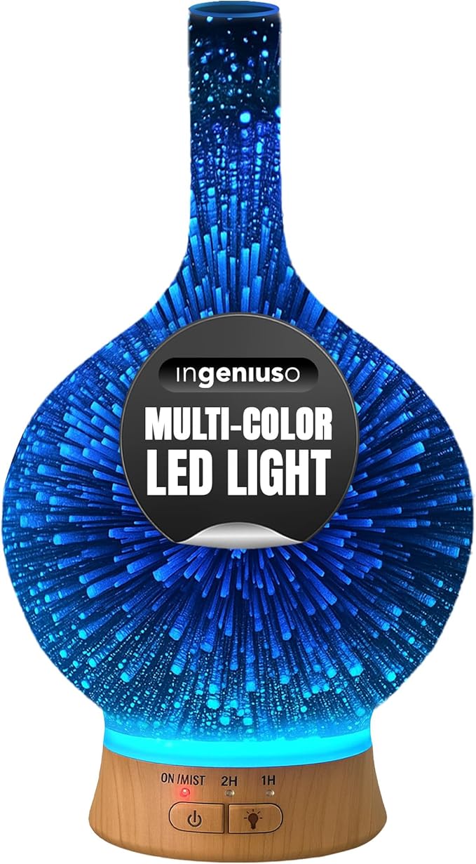 Aromatherapy Essential Oil Diffuser for Therapeutic Oils | 3D Glass Vase Cover with Colorful LED Light Display | Cool Mist Aroma Therapy Diffusers | Versatile Nightlight, Humidifier with Auto Shut-off
