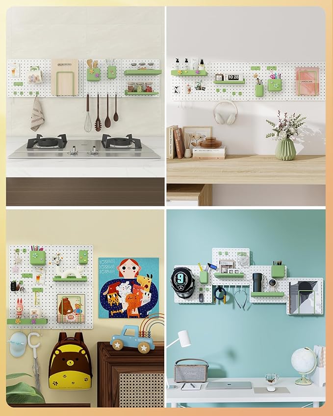 Metal Pegboard Combination Kit — 4 Carbon Steel Pegboards with 26 Accessories, Pegboard Wall Organizer for Home, Office, Study Room, Kitchen, Garage & Craft Room — 24″ × 24″ White Peg Board