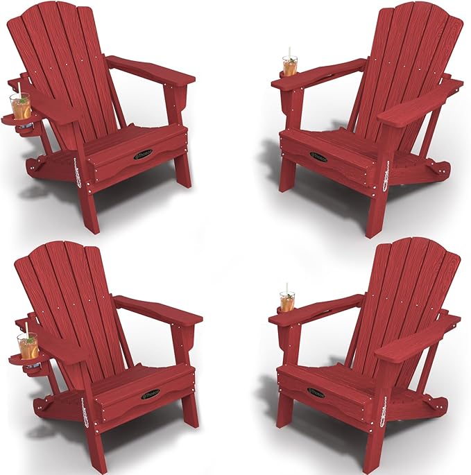 Adirondack Chair Set of 4, Folding All-Weather Outdoor HDPE Patio Chair with Cup Holder, Red