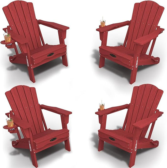 Adirondack Chair Set of 4, Folding All-Weather Outdoor HDPE Patio Chair with Cup Holder, Red