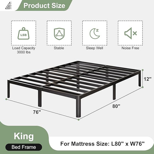 12 Inch King Bed Frame with Rounded Corner Legs, 2000 LBS Heavy Duty Metal King Size Platform Bed Frame No Box Spring Needed, Noise Free, Easy Assembly, Black