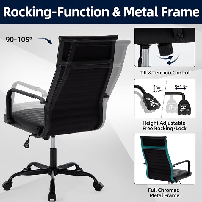 Conference Room Chairs, Ergonomic Executive Office Chair, Ribbed Leather Desk Chair with Lumbar Support, Adjustable Height Mid-Back Swivel Chair with Padded Seat
