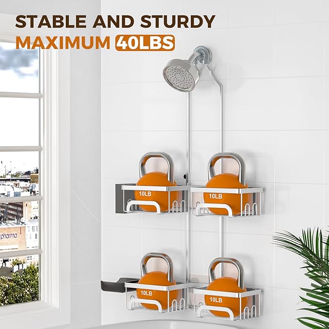 REINHARDT Adjustable Shower Caddy Hanging Split Shower Caddy for Handheld Showerheads, Rustproof Shower Organizer with Hooks for Razor Over the Head Caddy with Soap Holder Bathroom Accessories, Silver