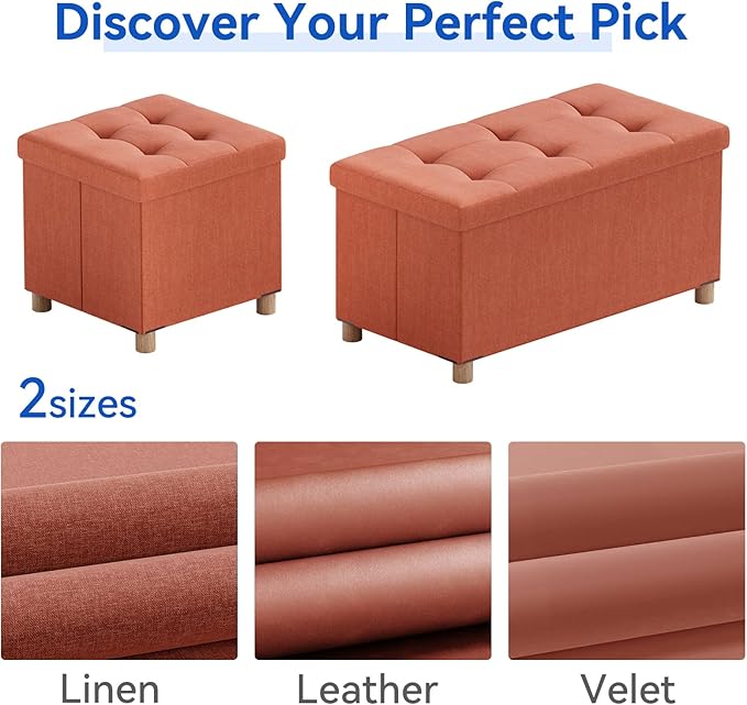 BRIAN & DANY 30 Inches Folding Storage Ottoman Bench, Ottoman with Storage Bench for Bedroom, Living Room, Entryway, Foot Rest with Legs, Orange